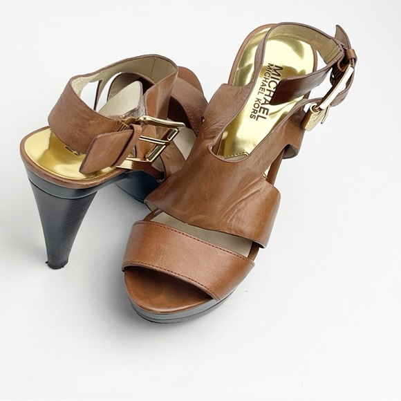 MICHAEL Michael Kors Brown Leather Adjustable Ankle Straps Platform Heels Size 7 - Picture 1 of 9